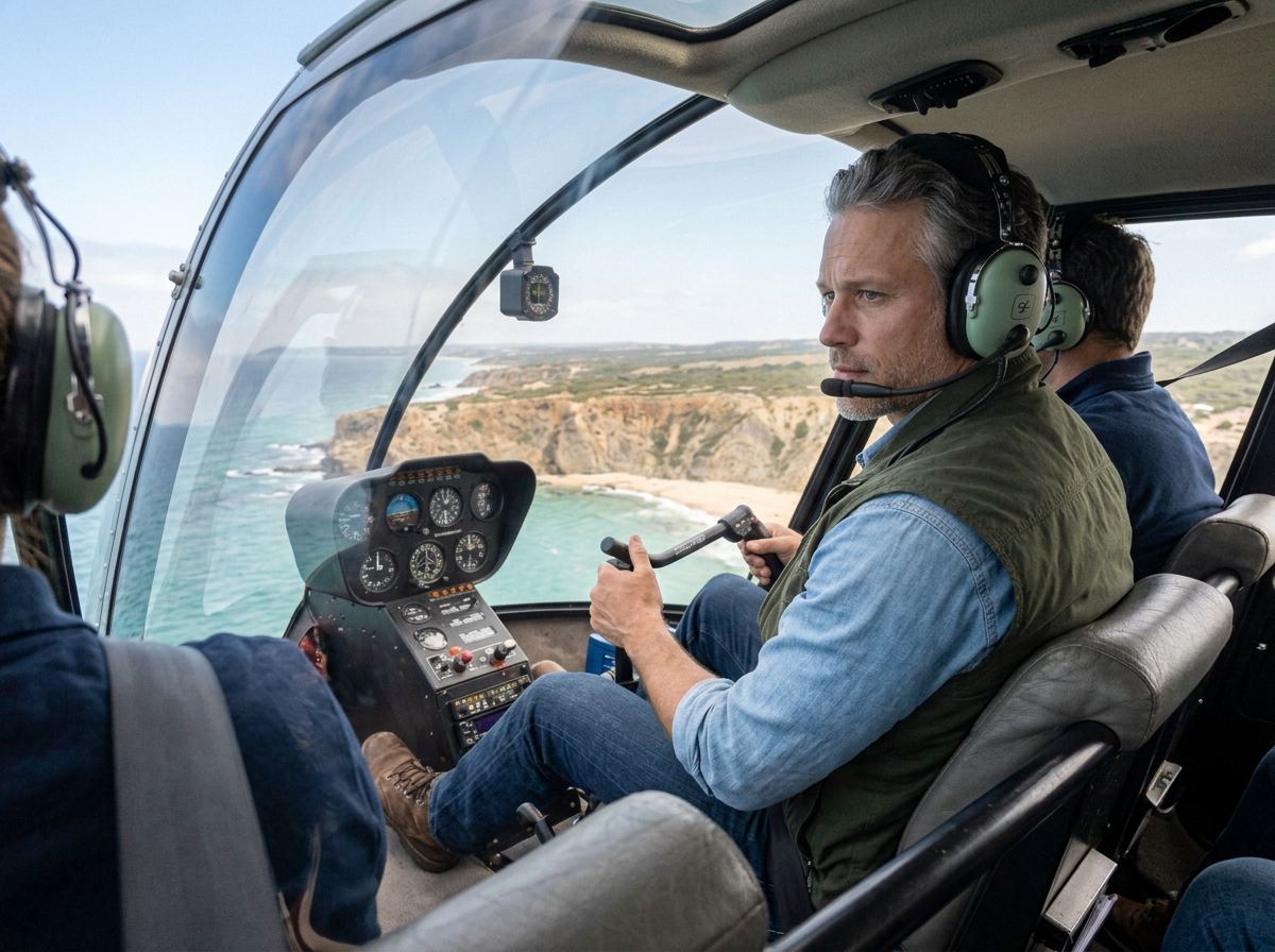 Andrew Welker piloting a helicopter over the coast
