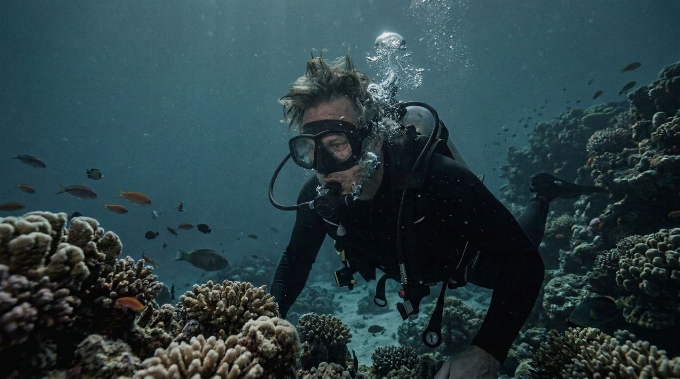 Andrew Welker scuba diving on a coral reef